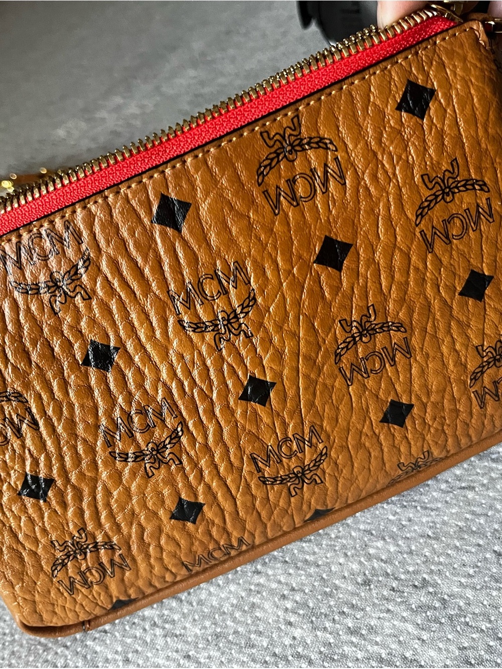MCM Cognac Visetos Mini Zip Pouch with Red Trim